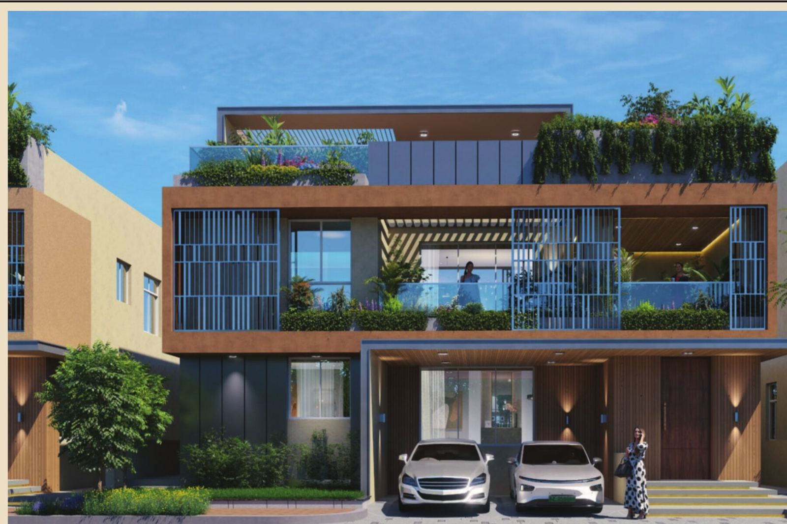 Ramky Shankarpally Villa elevation — 4 BHK luxury villa daytime render with rooftop garden and twin car porch